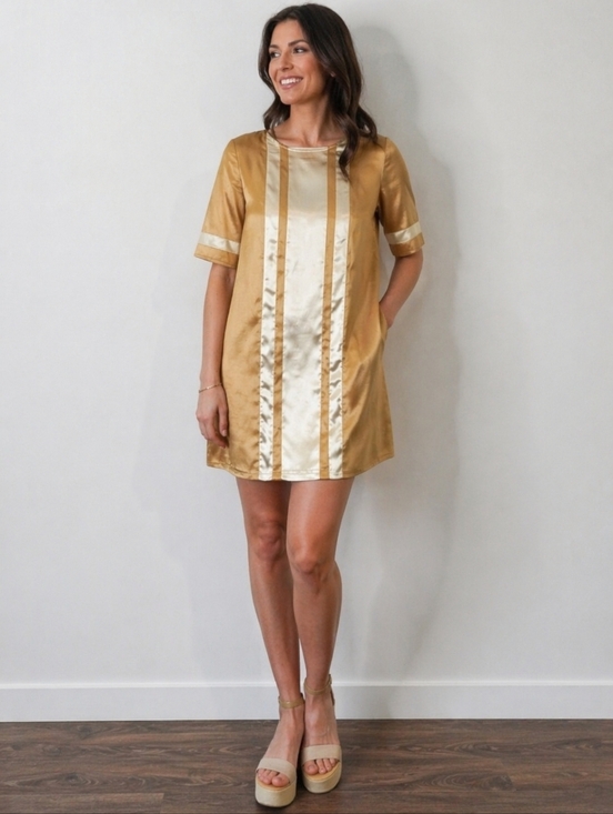 Vertigo Paris Dresses & Skirts - Vertigo Paris Gold Striped Colorblock Short Sleeve Shift Mini Dress – Size Large